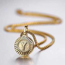 Initial Letter Pendant Necklaces Round Charm Stainless Steel Box Link Chain for Women Men Jewelry GiftColor: Q-With chain 18inch