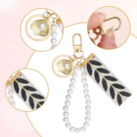 MBAIYO Embroidered Fabric Wristlet Keychain, Faux Pearl Ribbon Cell Phone Pendant Strap Wristlet Leaf Pattern Conch Boho Car Key Holder Pearl-Shell Shaped Pendant Key Fobs Wristband for Women