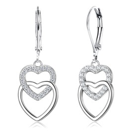 LOLIAS 925 Sterling Silver Heart Dangle Earring for Women Girls Silver Hoop Earrings Multicolored Cubic Zirconia Drop Earrings Hypoallergenic Double Heart Huggie Hoops Earrings