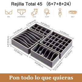 Organizador De Cajones, 4 Pack Organizadores De Ropa Interior, Caja De Almacenamiento Plegable Multifuncional, Tela No Tejida, Para Clasificar Ropa Interior, Bragas, Calcetines (45 Rejilla, Gris)