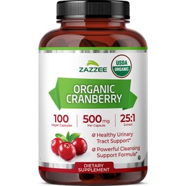Zazzee USDA Organic Cranberry 25:1 Extract, 500 mg per Capsule, 100 Vegan Capsules, 3+ Month Supply, Certified Kosher, Vaccinium Macrocarpon, Urinary Tract & Bladder Support, Non-GMO, Made in the USA