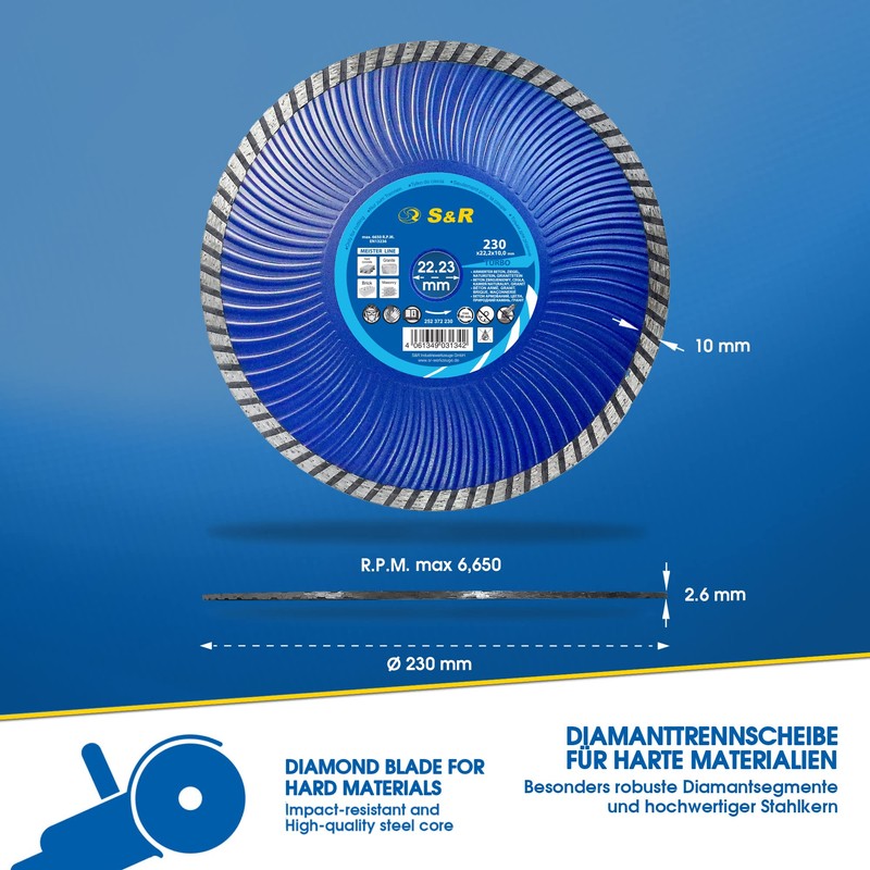S&R Diamond Blade/Cutting Disc 230 x 22.2 mm Grinder Discs