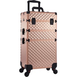 veliz profesional 3 en 1 con ruedas de rotación de 360° para Makuep, organizador de maletas cosméticas, con cerradura y llave de diamante, Oro rosa, 13.8 x 9.3 x 26.6 inches, Estuche de