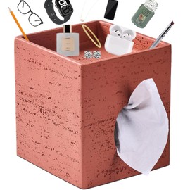Reddish Brown Natural Travertine Textures Square Tissue Box Cover with Storage Tray, Tissue Holder Decorative Organizer for Bathroom, Vanity, Kitchen Countertop, Bedroom Night Stands, Office Desk Top