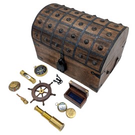 Handmade Wooden Pirate Treasure Chest with Lock & Key - Includes Nautical Accessories: Compass, Spyglass, Captain's Whistle, Ship Wheel, Hourglass, and More (XL 16 x 11 x 11)