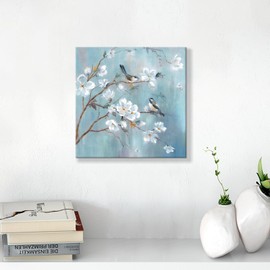 White Floral Canvas Artwork Wall: Elegant Flower Tree and Birds Wall Art Painting for Living Room (12'' x 12'' x 1 Panel)