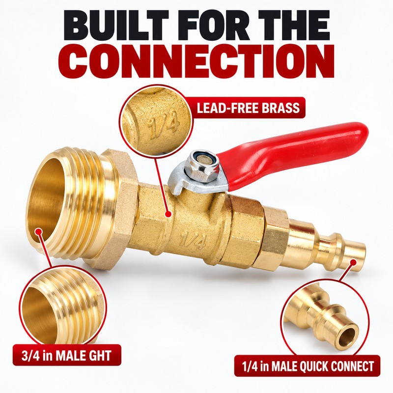 Brass RV Winterizing Blowout Adapter with Shutoff Valve, 1/4 Inch