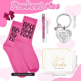 Tenare 4 Pcs Auntie Socks Xmas Gifts Set Auntie Key Ring Thank You Auntie Pen from Niece Nephew Keychain with Greeting Card Christmas Birthday Presents(Pink)