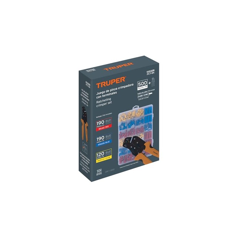 Truper PCT-8K, Kit de crimpadora y 500 terminales con aislamiento