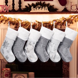 GEX Christmas Stockings 6 Pack for Family 20" Large Silver Grey Satin with Sequins Faux Fur Rhinestones Embroidery Classic Luxury Fireplace Tree Decorations Ornament for Xmas Season (Set of 6)