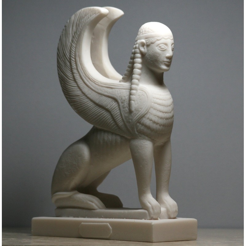Sphinx Greek Mythical Woman Head Lion Statue Cast Marble Sculpture