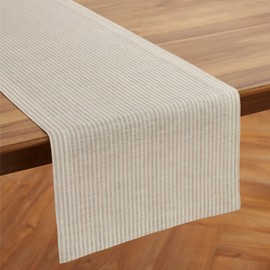 Solino Home Stripe Linen Table Runner 36 Inch - 100% Pure Linen Natural and White Short Table Runner 14 x 36 Inch Ideal for Dresser and Coffee Tables - Narrow Stripe, Spring, Easter