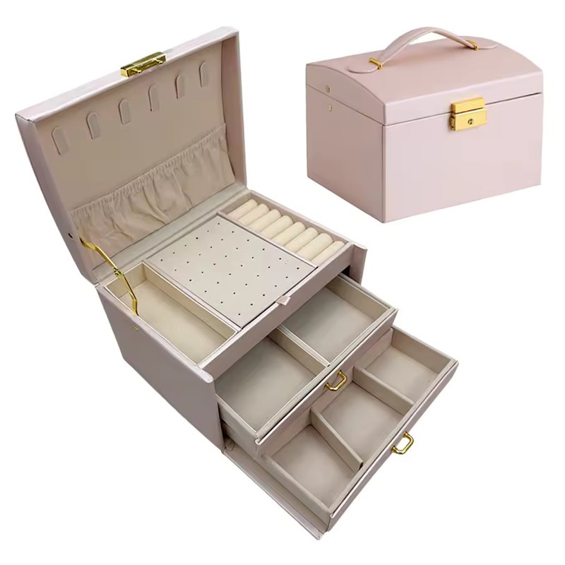 White Leather Jewelry Storage Box with Three Layers and Removable