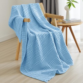 PHF 100% Cotton Waffle Weave Throw Blanket, Soft Lightweight Breathable Cozy Summer Throws for Couch Bed Sofa, Luxury Aesthetic Woven Blanket for Home Decor & Office, 50"x60", Sky Blue