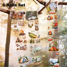 AuriicLeaf Forest Camping Theme PET Tape Set, 6 Rolls of Nature Adventure Stickers for Scrapbooking, Junk Journaling, DIY Crafts, and Art Supplies