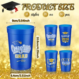 Ramede 60 Pcs 16 oz Graduation Cups 2025 Reusable Plastic Cups for Class of 2025 Theme Party Favors Congrats Grad Graduation Party Decorations Supplies(Blue)