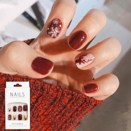 Christmas False Nails, Red Christmas Fake Nails, Press on Nails with Glue, Burgundy Reindeer Snowflake, French Stick on Nails for Women Nail Art Decoration Accessories (24PCS)