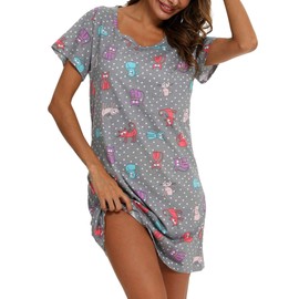 Women Short Sleeve Nightdress Soft Nightdress for Sleepwear, Grey Cat, L