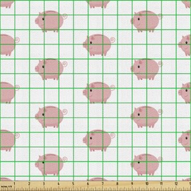 Ambesonne Pig Fabric by The Yard, concepto de siluetas continuas de cerdo con colas de remolino sobre un fondo liso, tela decorativa para tapicería y detalles del hogar, 1 yarda, rosa y blanco