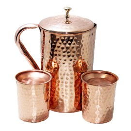 PARIJAT HANDICRAFT Pure copper pitcher drinkware accessories copper jug, tumbler with lid and glass for drinking Water (Hammered)