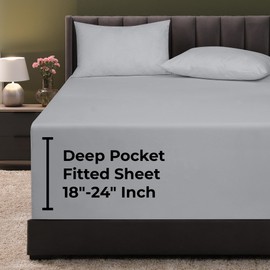 Royale Linens Extra Deep Pocket Queen Fitted Sheet - Soft Silver Queen Size - Fits 18 inch to 24 inch Thick Mattress