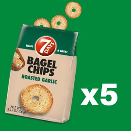 7Days Bagel Chips, Roasted Garlic, Gourmet Crackers, Non-GMO Baked Snack, (3.17oz, Pack of 5)