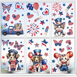 9 Sheets Patriotic Window Clings Independence Day Window Stickers Cute Truck Fireworks Cat Dog American Flag Window Decals Memorial Day Decoration 4th of July Window Stickers for Home School Party