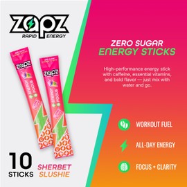 ZAPZ Caffeine Packets – Sugar Free Energy Drink Mix Powder with 200mg Caffeine for Nootropics Focus Support - Just 5 Calories, Gluten Free, Vegan (Rainbow Sherbet, 10-Pack)