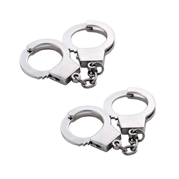 2 Pcs Mini Handcuffs Metal Keychain Keyring, Silver