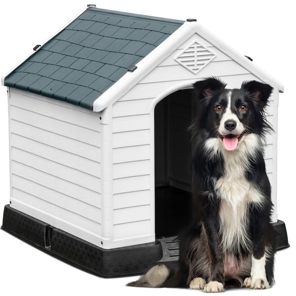 YITAHOME 28.5'' Large Plastic Dog House Outdoor Indoor Doghouse Puppy Shelter Water Resistant Easy Assembly Sturdy Dog Kennel with Air Vents and Elevated Floor (28.5''L*26''W*28''H, Gray)