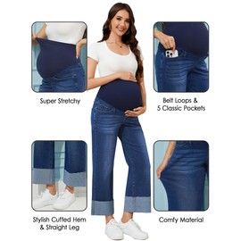 PACBREEZE Women's Maternity Jeans Straight Leg Cuffed Hem Comfy Stretchy Over Belly Denim Pregnancy Pants, S-XXL (Dark Blue, Large)