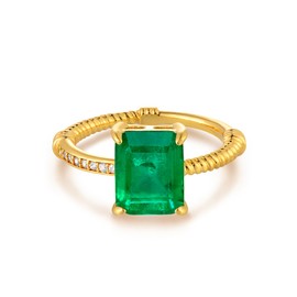 GNIRTSI Gold Simulated Emerald Ring for Women Solitaire 8 * 10MM Cut 14K Gold Plated Minimalist Stack Diamond Cubic Zircon Twisted Thin Band Finger Jewelry Size 8