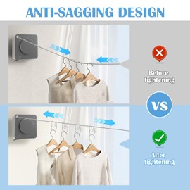 Retractable Clothesline Indoor, Non-Sagging Outdoor Clothes Line Retracting 13.7 Feet Heavy Duty Laundry Line Retractable Wall Mounted Clothes Line with 10pcs Stainless Steel Windproof Hooks (Grey)