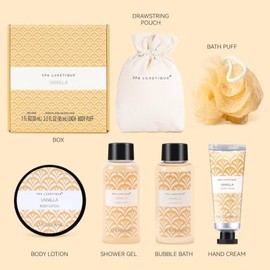 spa luxetique Set De Baño De Vainilla De 6 Piezas Para Mujer, Ideal Para Regalar. Incluye Loción Corporal, Gel De Ducha, Baño De Burbujas Y Crema De M