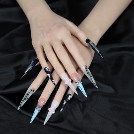 ArtiPrint press-on nails feature bold retro glamour style with white and black engraved designs Reusable stick-on nails for easy application and damage-free manicure for special occasions (JSA24, S)