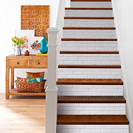 AILEGOU 3D Stair Stickers Decals Brick Staircase Decals Removable Tile Stair Risers Decals Decor Peel and Stick Stairs Bakeplash Decals for Stair 39.3Inch x 7.08Inch x 6Pcs ( White with a Blue )