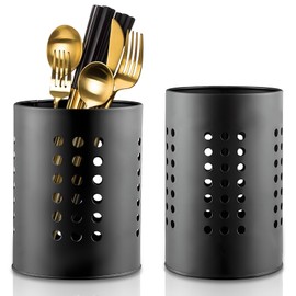 Ksvaye Pack of 2 Kitchen Utensil Holder Black Utensil Holder Kitchen Stainless Steel Container for Kitchen Utensils Kitchen Counter Cutlery Stand Round Cutlery Drainer for Worktop Storage