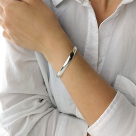 Silverly Women's 925 Sterling Silver Open Torque Curved Flat Edge Plain Adjustable Bangle Bracelet