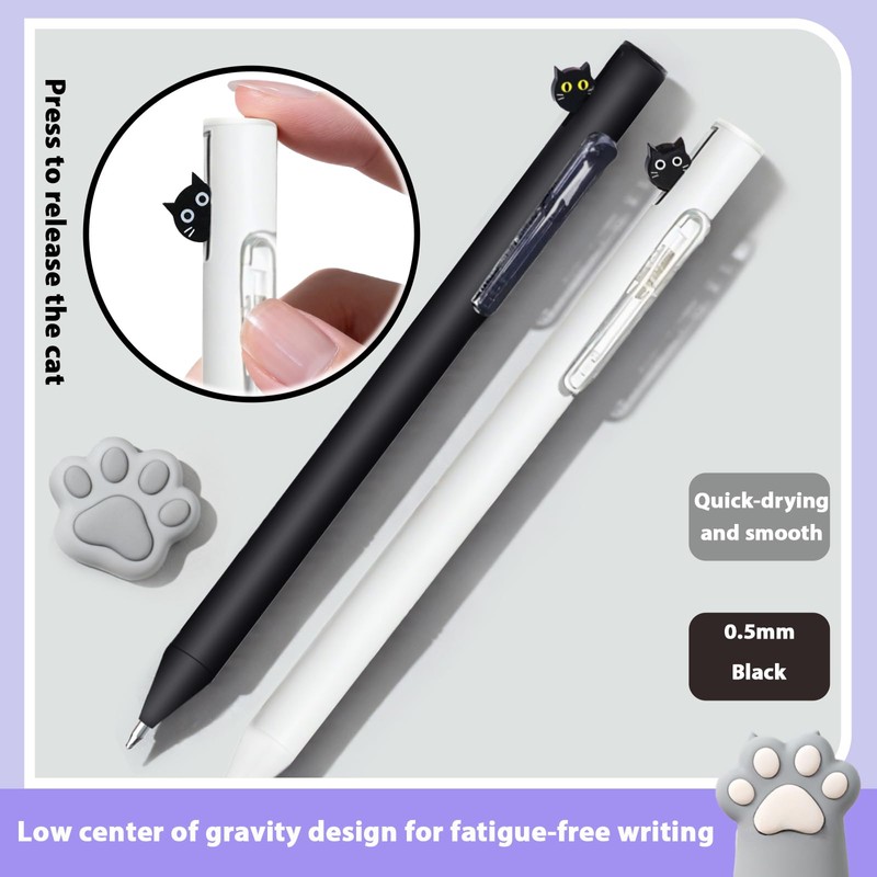 2 Pcs Cute Cat Pens Cute Retractable Cat Gel Pens