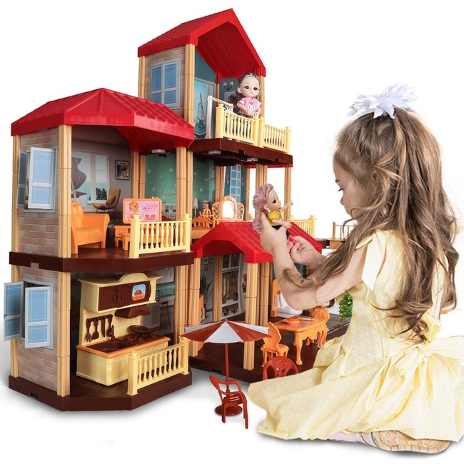 Temi Dollhouse DIY Pretty Dreamhouse Kit Decorations w/ Furniture, Accessories, Doll Action Figure and Movable Stairs, Build Perfect Toddler Girls and Kids Crafting Toy with Real LED Light(11 Rooms)