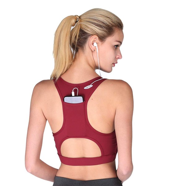 Women High Impact Sports Bra Phone Pocket Running Bra Seamless Wirefree Workout Top Vest Activewear (Wine red, L)