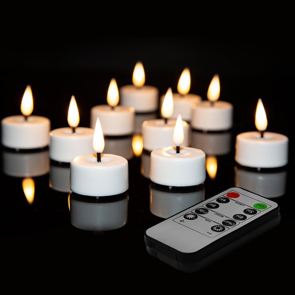 Girimax White Flameless Tealights with Remote Batteries, Flickering Real Wax
