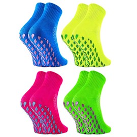 Rainbow Socks - Girl Neon Sneaker Sport Glitter Non Slip - 4 Pairs - Yellow Green Fuchsia Cornflower - Size 11,5-2