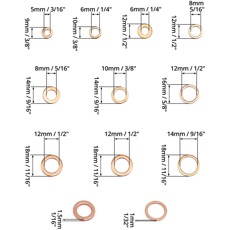 QWORK® Copper Washers Assorted Kit, 200 Pcs Flat Copper Sealing