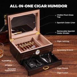 CINOROW Cigar Humidor for 25-50 Counts with Accessory Drawer, Hygrometer, Spanish Cedar Lined & Divider, Humidifier, Ashtray, Cigar Cutter and Punch, Desktop Case Gift for Men