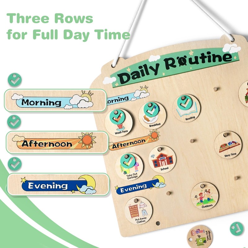 Joyreal Wooden Visual Schedule for Kids - Three Rows Hanging