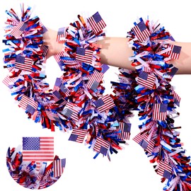 50 Feet Patriotic Tinsel Garland 4th of July Decorations, Red White and Blue Tinsel Metallic Glitter Garlands with Flags for Fourth July Independence Day Memorial Day Outdoor Indoor Decor