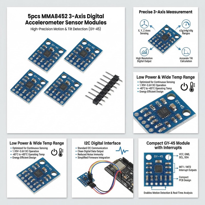 JESSINIE 5pcs MMA8452 3‑Axis MEMS Accelerometer Sensor Module, 1.95–3.6 V,