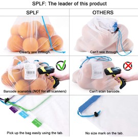 SPLF - 12 Bolsas de Malla Reutilizables Resistentes con Cordón para Frutas, Verduras, Alimentos, Juguetes, Almacenamiento de Comestibles, Tamaño Grande, Mediano y Pequeño