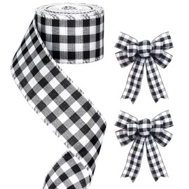 G2PLUS 63mm Black and White Gingham Ribbon, Christmas Wired Ribbon, 10M Wired Edge Hessian Ribbon, Christmas Ribbon for Gift Wrapping, Plaid Ribbon for Bows and Christmas Wreaths Project
